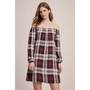 Cloth & Stone Red Blue Big Tartan Plaid Off the Shoulder Dress, Sz S